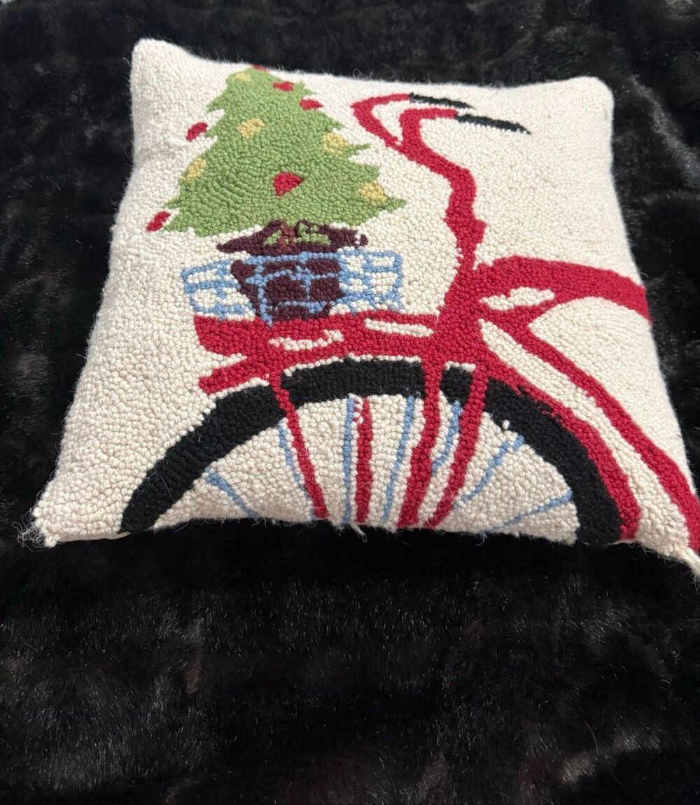 SNOWY RED BIKE HOLIDAY HOOK PILLOW CHRISTMAS TREE THROW
